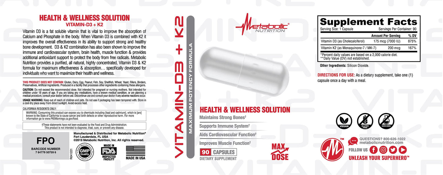 METABOLIC - VITAMINA D3 + K2 - (90 CAPS)